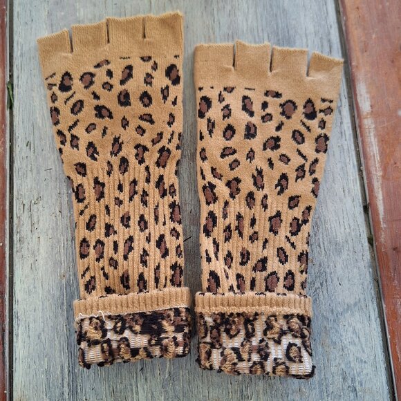 Handmade Leopard Print Fingerless Gloves OS Brown Tan - Indie Sleeze Fall Casual - Picture 3 of 4